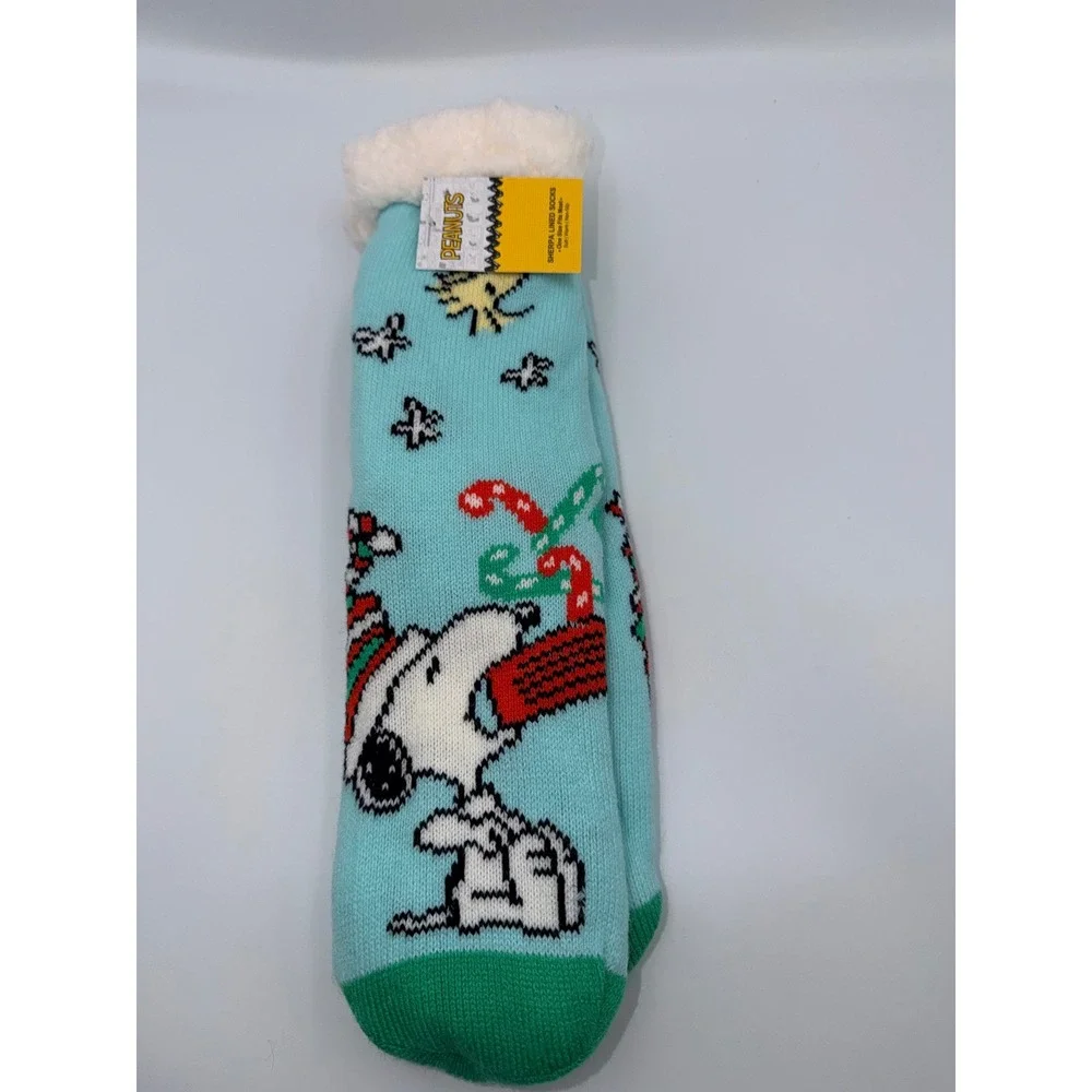Peanuts Snoopy‎ Sherpa Lined Slipper Socks Light Blue Christmas Non-Slip NWT OS